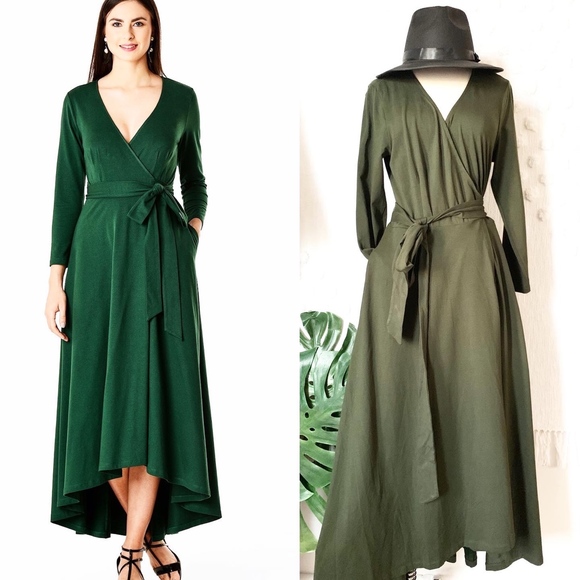 eshakti Dresses & Skirts - ESHAKTI OLIVE GREEN TRUE WRAP LONG SLEEVE MAXI